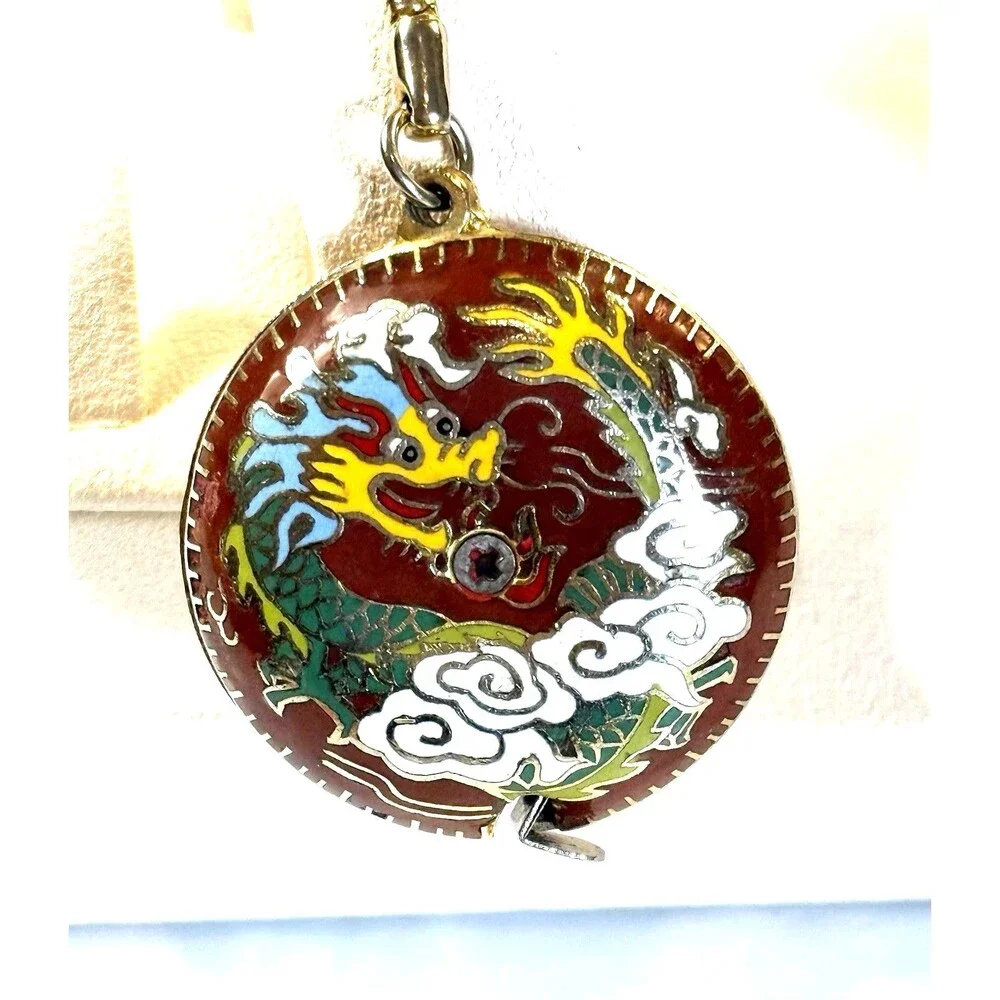 Vintage Chinese Cloisonné Retractable Tape Measure Enamel Dragon Keychain